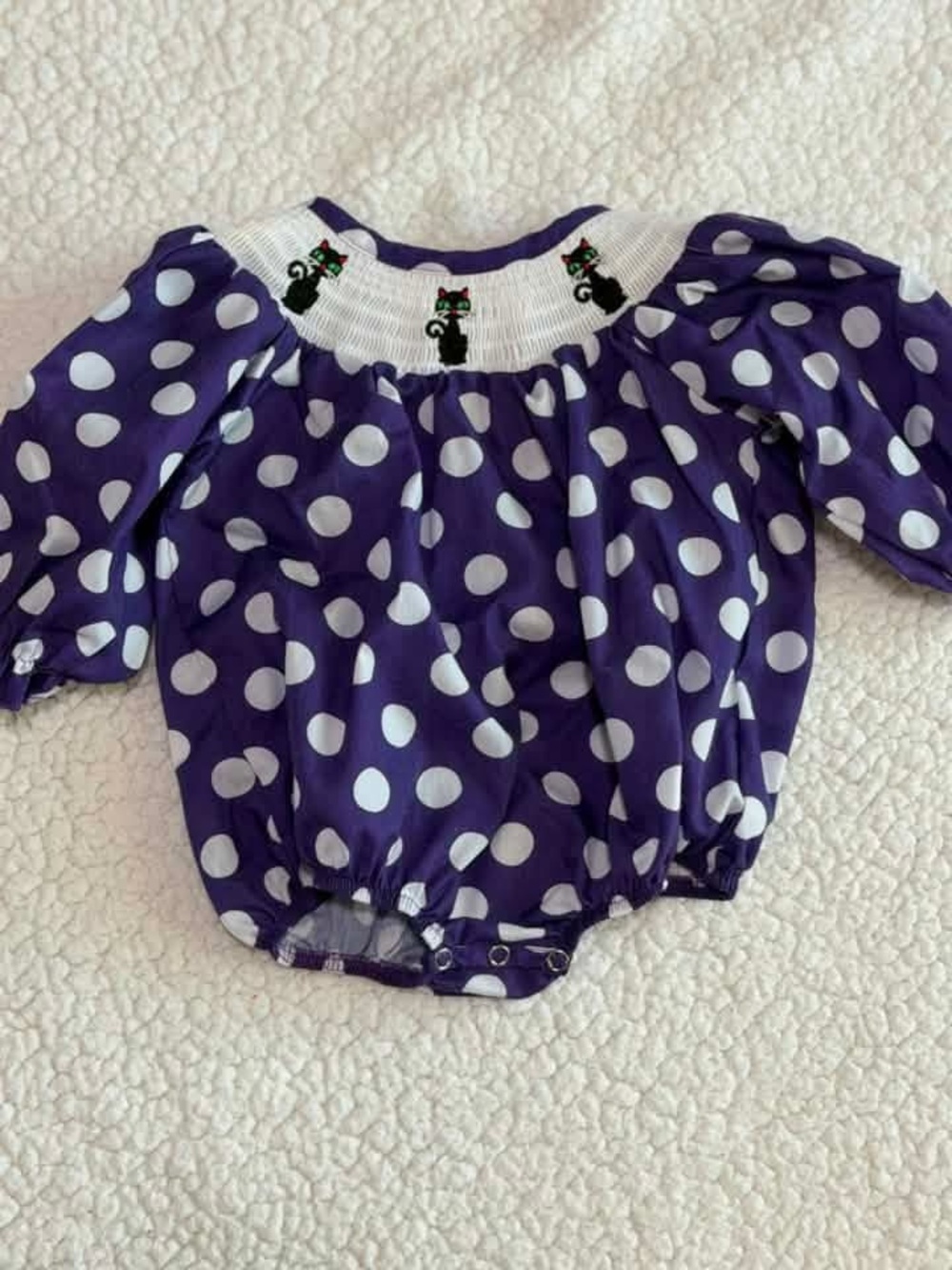 Purple Polka Dot Smocked Baby Bubble with Halloween Cat Embroidery